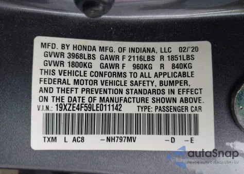 2020 Honda Insight Ex из США, поврежденный, VIN 19XZE4F59LE011142